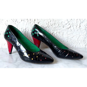 Martinez Valero Black Patent Leather Color Cut-Out Dots Vintage Pumps-Womens 5.5
